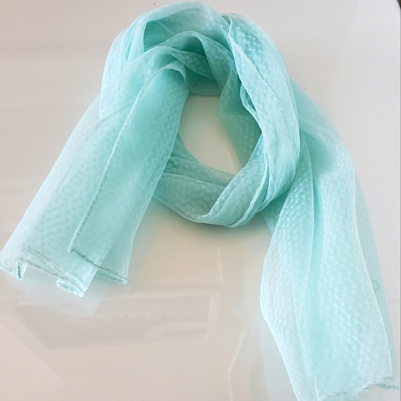 Tiffany Colored Silk Satin Check Pattern Neck Scarf Aquamarine Boho Sheer NWOT - Picture 1 of 6